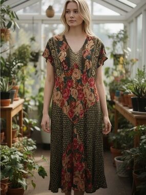 Carole Little Floral Patchwork Maxi Dress - Red, Tan & Teal Accents